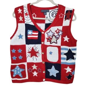 Northern Isles Patriotic Flag Patchwork Button Up Cardigan Vest Womens Size S